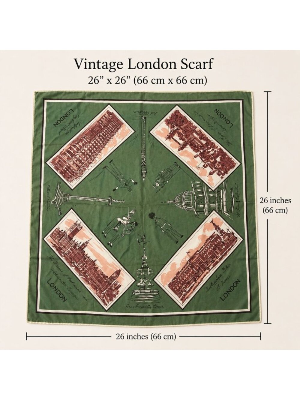 Vintage London Scarf Green Selfridges Tourist Landmark Made in Japan Satin Aceta - Picture 1 of 12